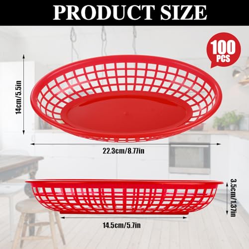 Oungy 100 Pcs Plastic Oval Food Baskets, 22 x 14 x 3.5cm Reusable Fast Food Baskets, Red Foods Serving Basket for Chip, Hot Dog, Burger, Bread, Fruit