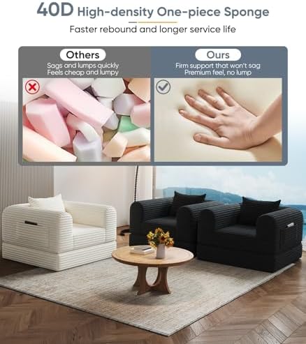 2 in1 Convertible Sofa Couch, Accent Chair,Loveseat Sleeper Sofa, Folding Couch Lounger, Fold Out Floor Couch with Pillows for Living Room Bedroom Lounge Boneless Chaise (Black, Loverseat Sofa) - 5