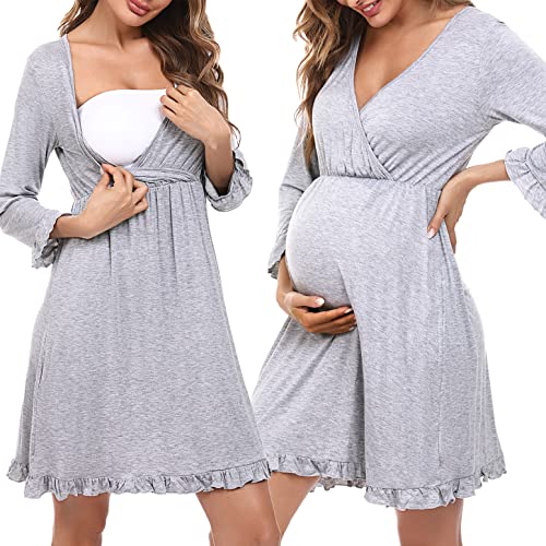 Bresdk Camisón Lactancia Hospital Algodón Camisones Maternidad de Manga 3/4 Talla Grande Pijama de Maternidad y Lactancia, Manga 3/4 - Volantes - Gris, S