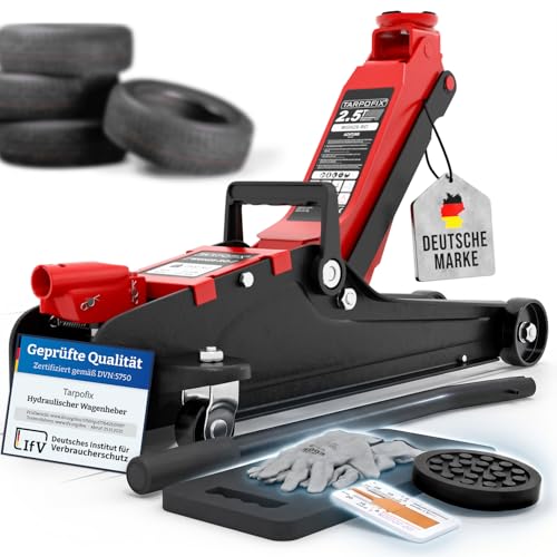 Tarpofix® Wagenheber 2,5t hydraulisch (85-380 mm Hubhöhe) | Premium Rangierwagenheber 2,5t mit sanftem Hydraulikhub | Hydraulischer Wagenheber flach für SUV & tiefergelegte Autos | Rot