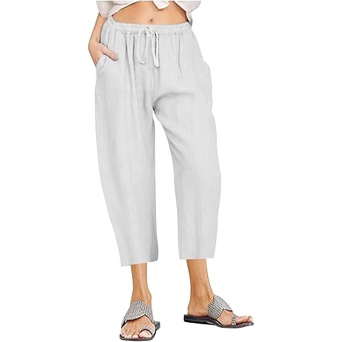 Women Cotton Linen Capris Casual Summer High Waisted Drawstring Carpi Pants Loose Comfy Cropped Trousers