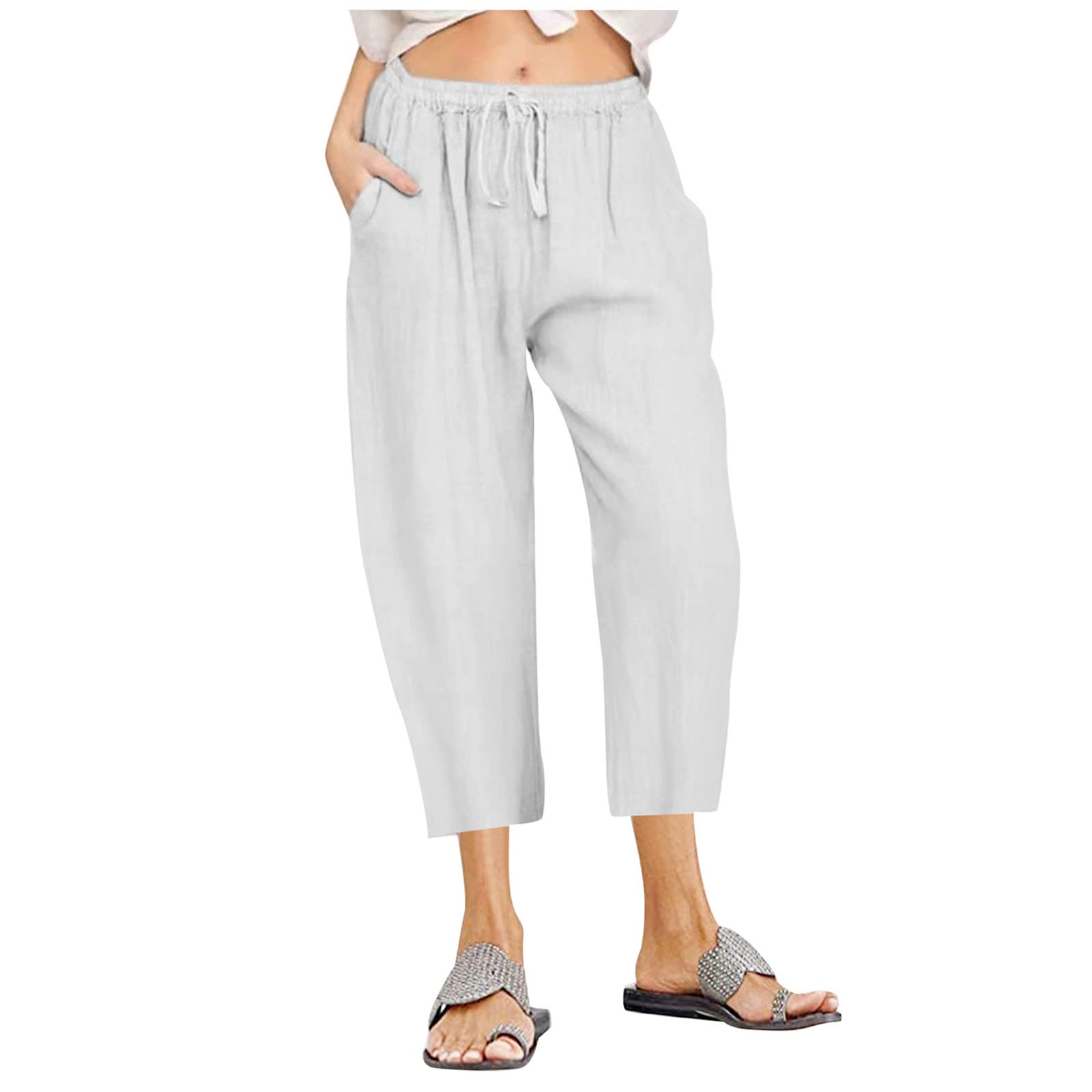 SMIDOW Cotton Linen Wide Leg Pants for Women Casual Summer Drawstring Elastic Waist Capris Loose Cropped Trouser with Pockets