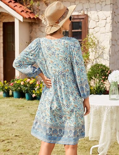 Image of Bluetime Women Casual Summer Dress Boho V Neck 3 /4 Sleeve Babydoll Floral Print Flowy Beach Dress