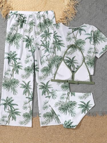 Image of Girl's 4 Piece Set Coconut Tree Print Criss Cross Bikini Sets Bathing Suit Green 140