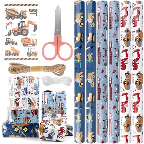 Lot de 6 feuilles de papier cadeau pour enfant - 50 x 70 cm - Papier cadeau d'anniversaire - Avec cordes de chanvre - Rouleau de ruban - Ciseaux - Voiture de police -...