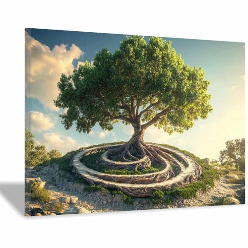 Arbre aux racines en anneau tableau moderne vert 50x70cm impression sur toile encadrée maison