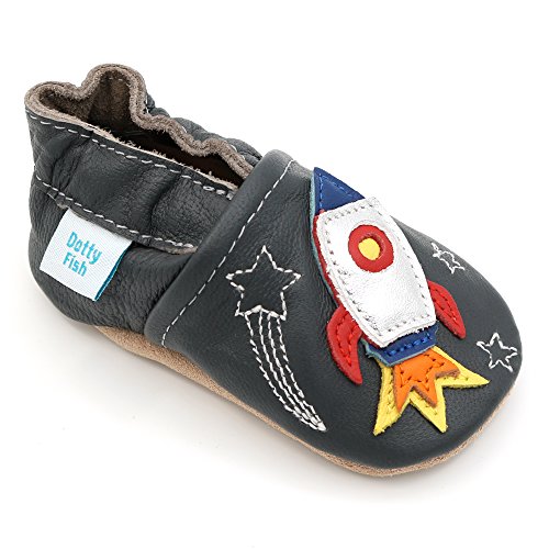 Dotty Fish Zapatos de Cuero Suave para bebés. Antideslizante. Cohete Espacial Gris Oscuro. 12-18 Meses (21 EU)