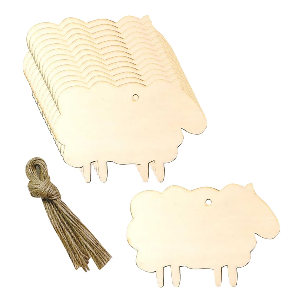 30 Pcs Unfinished Wooden Sheep Cutouts Ornaments Wood Sheep Name Tags Signs Hanging Animal Gift Tags Cute Blank Wood Slices Pieces with Twines for Wedding Birthday