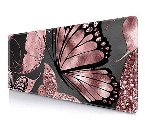 Image of IMAYONDIA Gaming Mouse Pad for Women, Large Non-Slip Rubber Base Mousepad with Stitched Edges, Keyboard Mouse Mat Desk Pad for Work, Game, Office, 31.5x11.8 Inch - Rose Gold Glitter Foil Butterfly