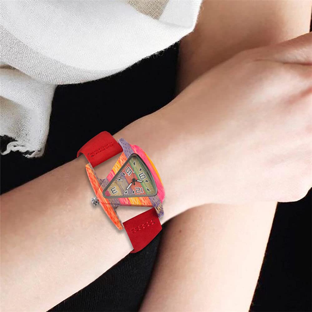 CAIDAI&YL Orologio in Legno Creativo Orologi da Donna Quadrante a Triangolo Cinturino in Pelle da Donna Orologio al Quarzo da Donna in Legno di bambù colorato, Cinturino in Pelle Rossa Leather