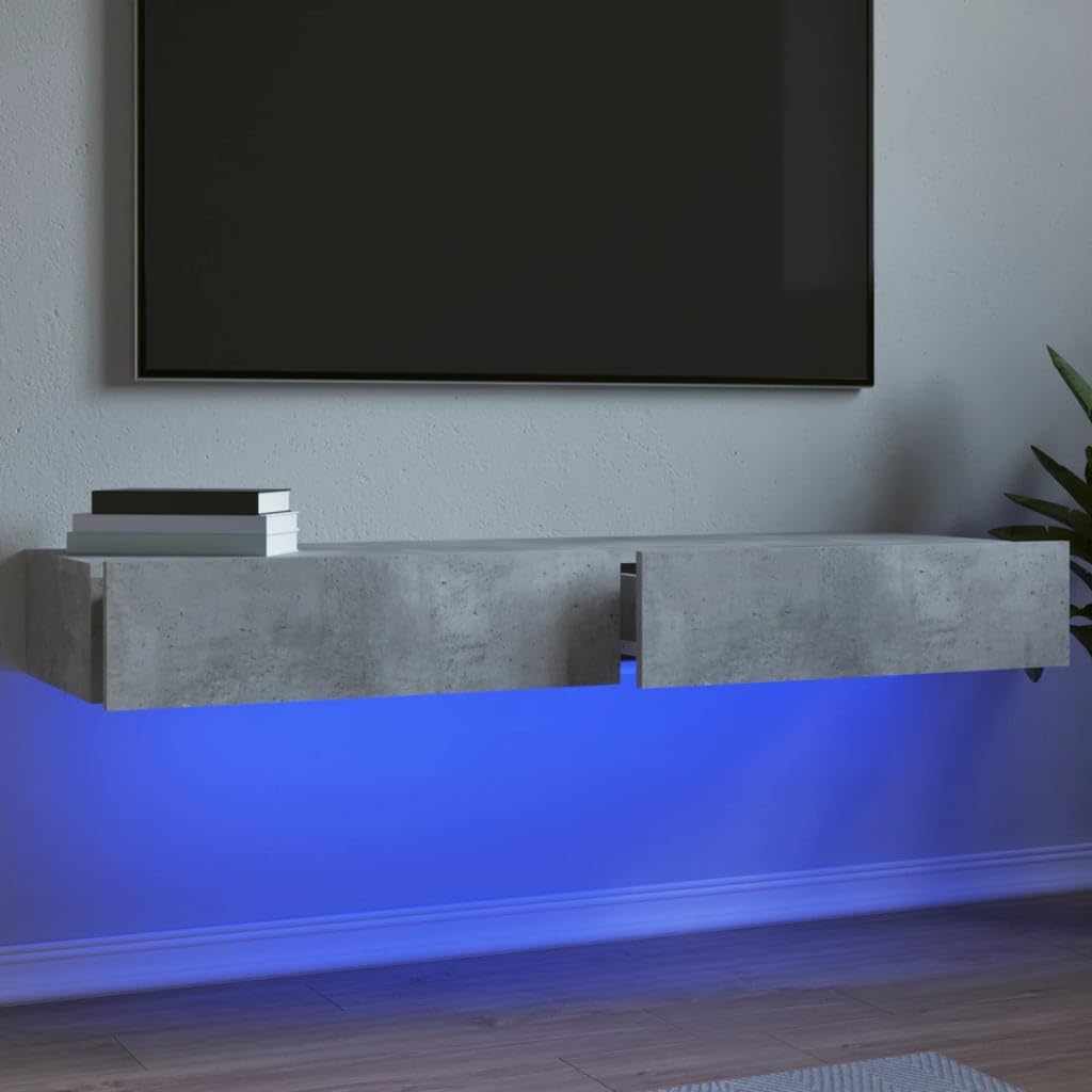 Canditree Modern Floating TV Cabinet with LED Lights, Wall Mounted Entertainment Center for Living Room, Concrete Grey, 120 x 35 x 15.5 cm