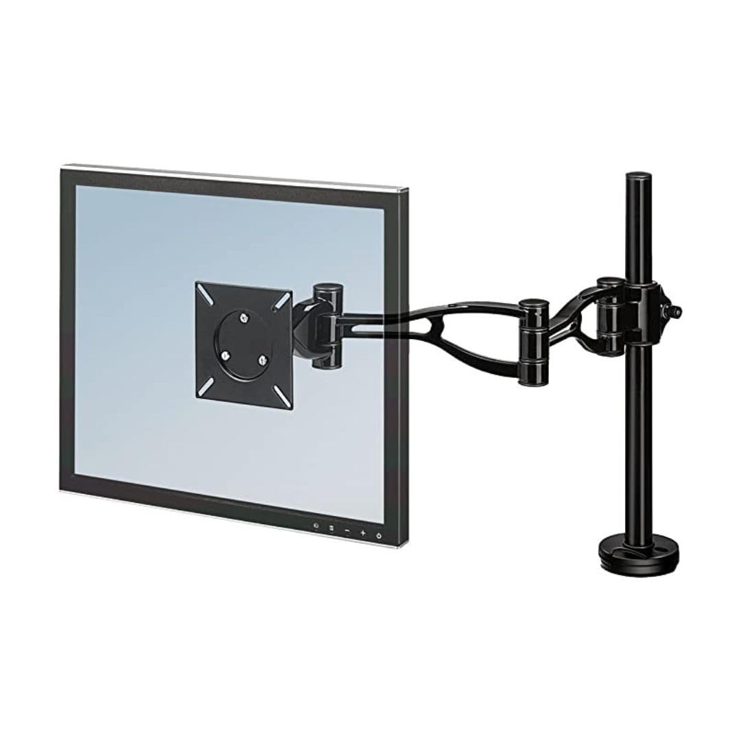 Diagram showing 360-degree rotation, 180-degree pivot, and +/- 37-degree tilt of a monitor, along with arm dimensions in millimeters.