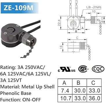 Hunter Ceiling Fan Light Switch ZE-109M - Pull Chain On/Off Switch - Black Chain