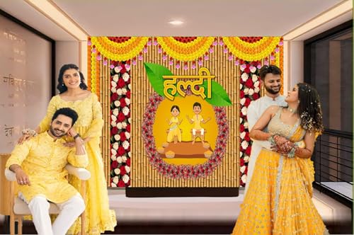 Image of DARSHANAM WORLD Wedding Decorative Cloth for Haldi & Mehndi Ceremony, Photoshoot, Haldi Background Enhancer for Mehndi Ceremony (8x5 ft, 3D Printed Backdrop with Floral & Logo Design) (Multicolor)