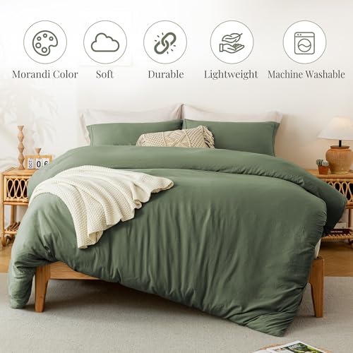 Image of MILDLY Duvet Cover Twin Ultra Soft Comforter Cover Set 2pcs, Olive Green | Washed Microfiber Cotton-Like, Breathable Comfort, Hidden Zipper, 8 Corner Ties, OEKO-TEX Certified, Fade Resistant