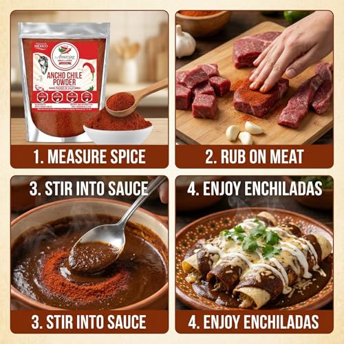 Amazing Chiles & Spices Ancho Pepper Powder Ground (4oz) - Natural and Premium. Great For Recipes Like Mexican Mole, Sauces, Stews, Salsa, Meats, Enchiladas. Mild to Medium Heat, Sweet Smoky Flavor.