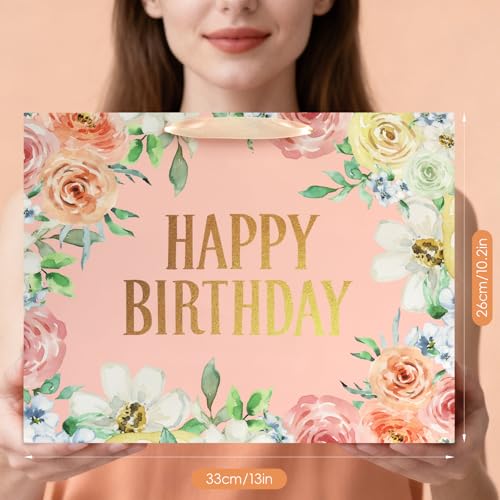 Image of JMANNI Large Happy Birthday Gift Bag with Tissue Papers and Greeting Card,Portable Paper Gift Bags with Handles,Pink Floral Present Bags for Women Birthday Party Mother's Day 13 inch x 10.2 inch x 4.7 inch