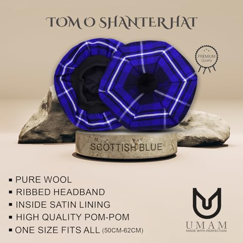 Image of Scottish Tam O' Shanter Hat Tartan Bonnet Pom Pom Wool Flat Cap One Size