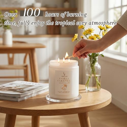 Image of Vanilla Coconut Large Scented Candle, 3-Wick 22oz Long Lasting Scented Candle, Natural Soy Wax Aromatherapy Candle for Home, Candle Gifts for Women Men