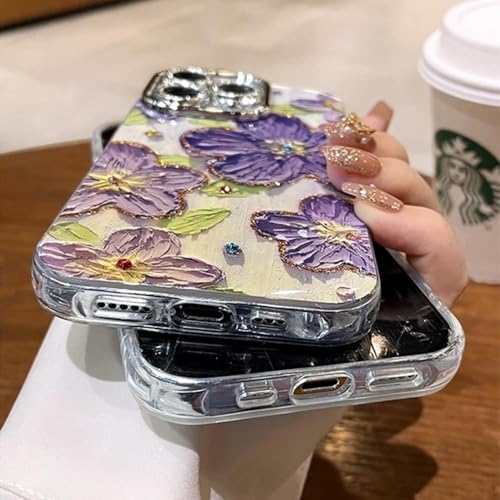 Image of VONZEE Compatible with iPhone 16 Pro Max Case Laser Flower Oil Painting Cute Colorful Blue Ray Bumper with Full Camera Protection Shockproof PC+TPU Glossy Shiny Cover for Girls Women, Purple
