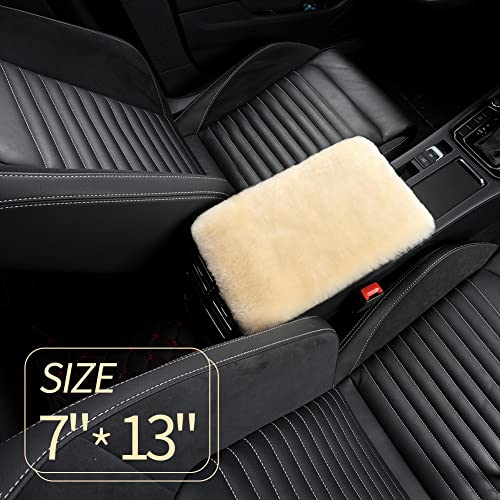 Image of IRIWOOL Sheepskin Armrest Cover Auto Center Armrest Cover Car Soft Console Pad, Fluffy Wool Auto Center Console Cover for Most Car Arm Rest Decoration Protector 7 x 13 Inch (Shearling, Pearl)