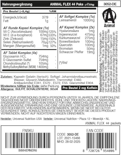 ANIMAL Flex Comprehensive Joint Care - 4 einzigartige Komplexe für Gelenke, Knochen & Knorpel - mit Vitamin A & E, Glucosamin, Leinsamenöl & Hyaluronsäure - 44 Packungen