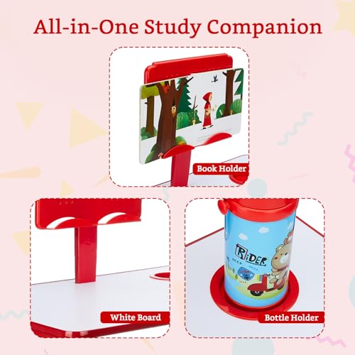 Image of Amazon Brand - Solimo Kids Study Table and Chair Set with Built-in Reading Stand & Cup Holder | Wooden Legs | Red
