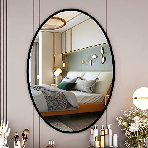 PROHOMEWARE Bathroom Mirrors for Wall,20" X 28"Black Vanity,Wall-Mounted Oval Mirror,Metal Frame Oval, Entryway Living Room Bedroom