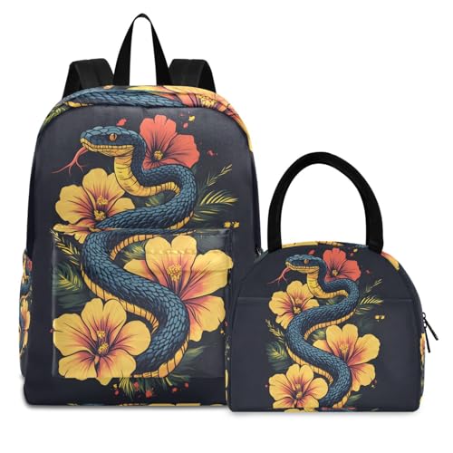 Backpack Lunch Bag Set Floral Snake Print, Big Storage Travel Backpacks with Insulated Lunch Box for Office Hiking Picnic