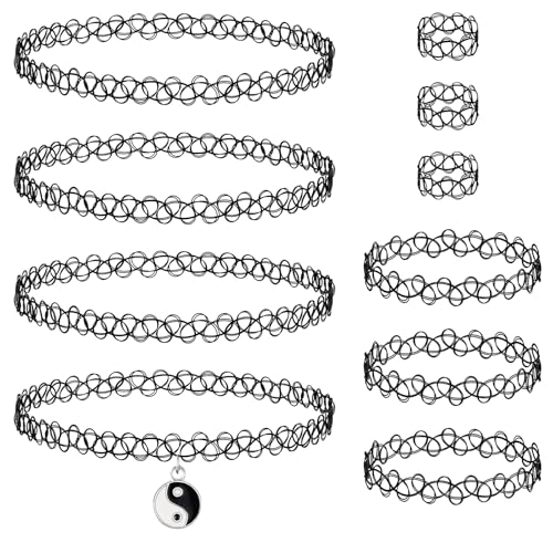 Wgyanjie 10pcs 90s Tattoo Choker Necklace Bracelet & Ring Set for Women - Black Stretch Retro Grunge Y2K Alternative Gothic Emo Accessories