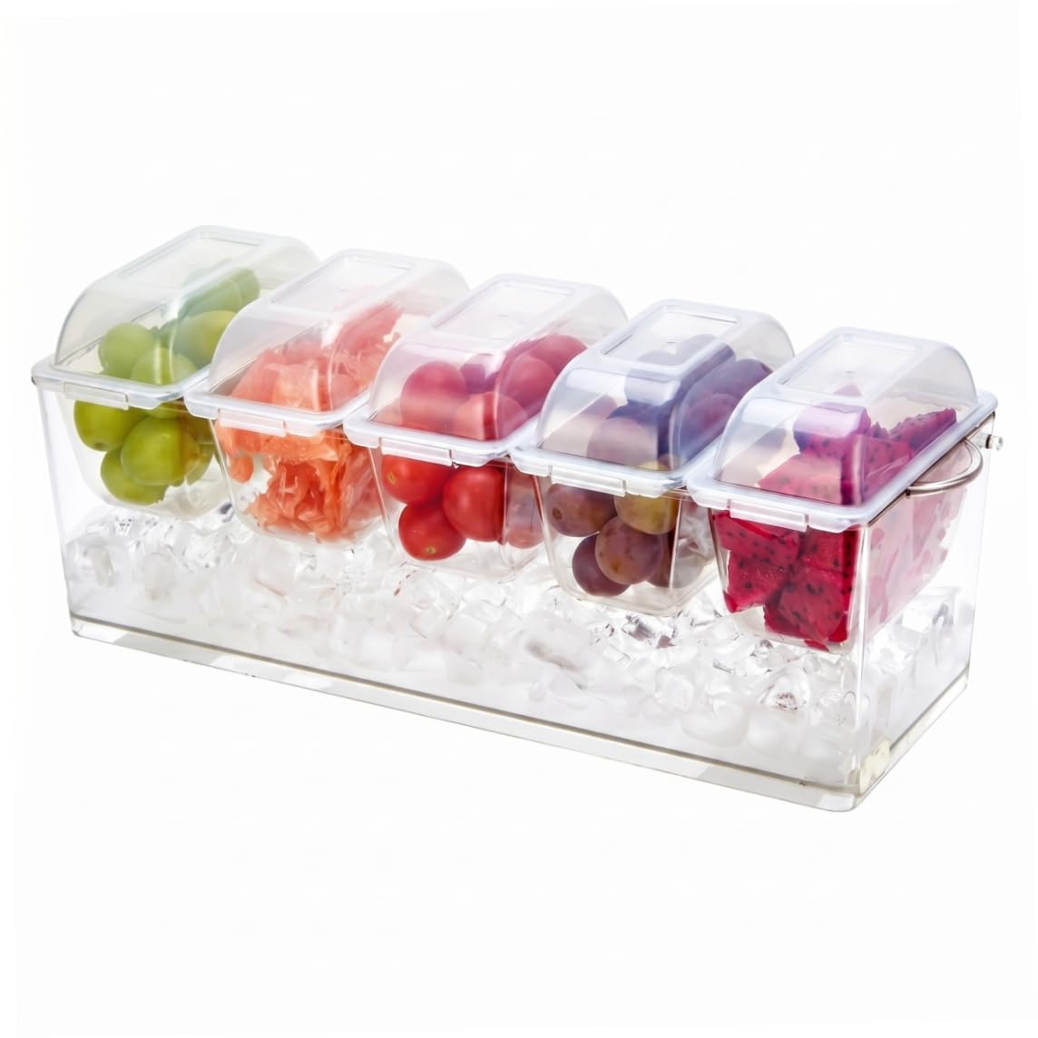 Xoeryoy Chilled Condiment Server with Lid, 5 Compartments Garnish Tray, Sealed Lid Drainable Tray for Fruits, Sauces & Parties, Clear