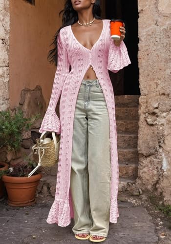 Image of Unybwonn Long Cardigans for Women Crochet Hollow Out Knit Sweater Cover up Maxi Dress Long Sleeve Button Down Cardigan