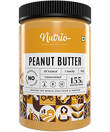 Image of Nutrio 100% Natural Peanut Butter Unsweetened 500gm (Crunchy) || Made with 100% Roasted Peanuts | No Added Sugar | No Added Salt | No Added Oils | Zero Cholesterol | Vegan (500gm) (Improved)