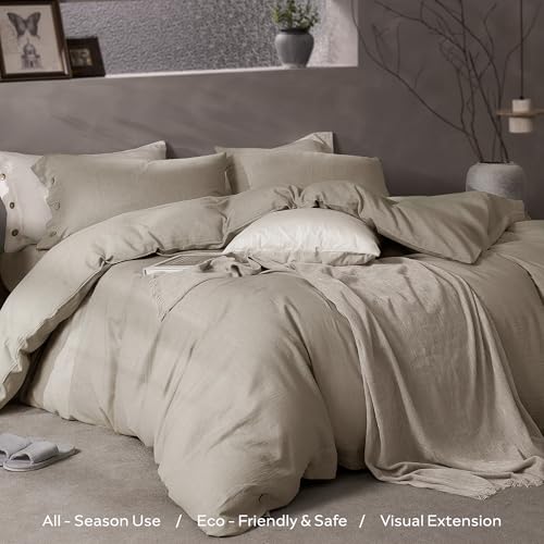 Image of JELLYMONI Cotton Duvet Cover Full Size - Taupe Comforter Cover with Button 100% Washed Cotton 3PCS Breathable Soft Solid Bedding Set Duvet Cover 80x90in & 2 Pillowcases (NO Comforter)