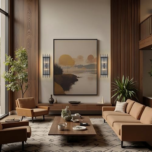 Image of Modern Black Wall Sconce,25in Grand Rectangular Ribbed Glass Wall Sconces,Indoor Hardwired Wall Sconces for Large Spaces,for Living Room,Hallway,Stairway Sconces Wall Lighting,Included E12 Bulbs