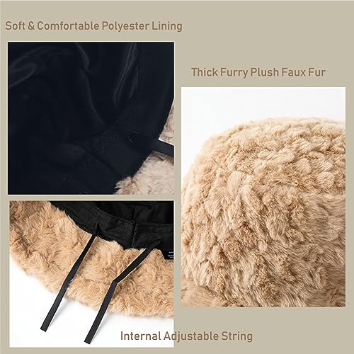 Image of Bucket Hat Women Furry Fuzzy Bucket Hats for Ladies, Winter Warm Fluffy Plush Faux Fur Hat for Women