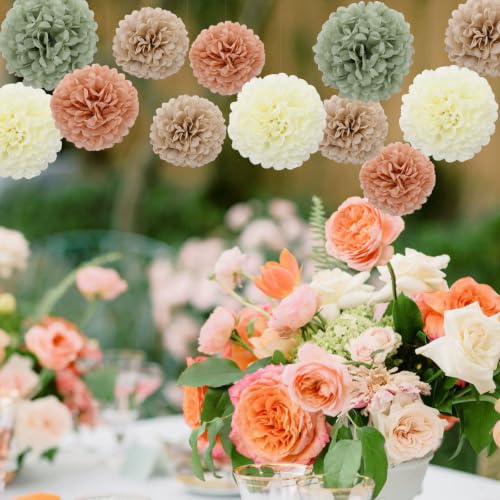 Image of BestoFun 16 PCS Beige Sage Green Tissue Pom Poms Paper Flowers Decorations Natural Green Boho Hanging Decor for Girl Groovy Birthday Baby Shower Wedding Bachelorette Room Wall Hanging Decor