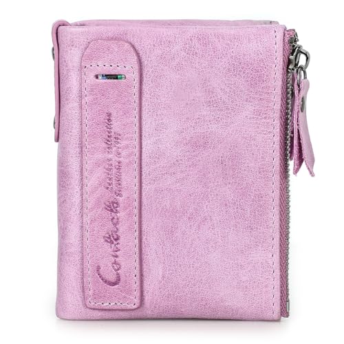 Image of CONTACTS Soft Leather Wallet for Women Small Bifold Coin Purse Double Zipper Card Holder with RFID Blocking (Pinkish Purple)