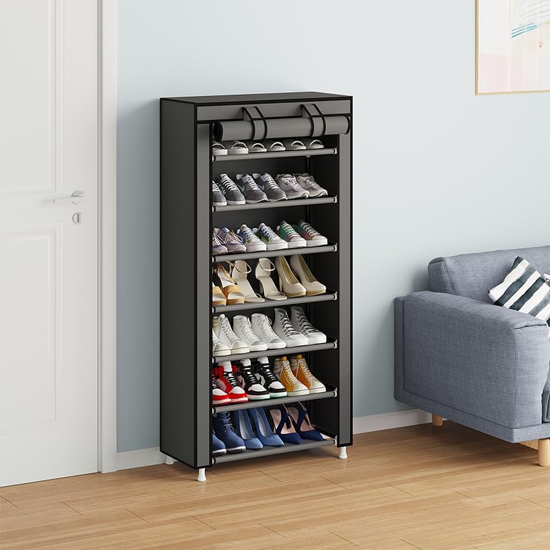 Miniatura 8 de Calmootey Organizador de zapatos de 7 niveles, estante portátil para zapatos con cubierta de tela no tejida para armario, pasillo, dormitorio,