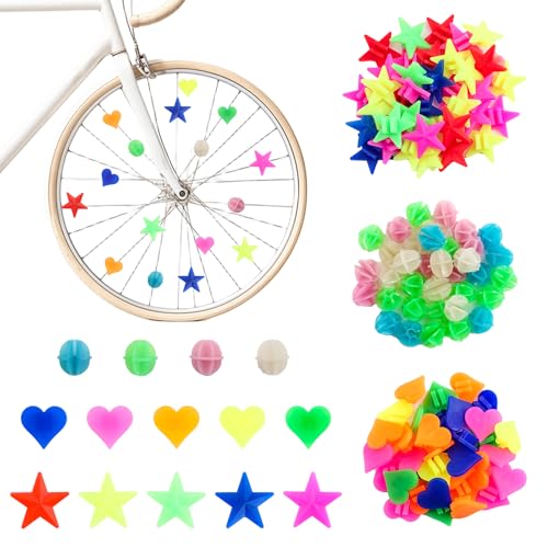 108 Pcs Bike Wheel Spoke Beads, Bicycle Wheel Spokes Beads Colorful Round Wheel Decorations with 3 Shapes Bike Spokes Beads Accessoriess