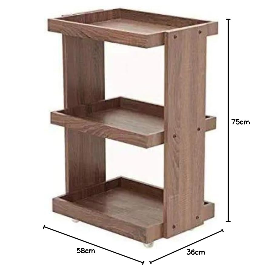 Image of 3-Tier Solid Wood Rolling Bar Cart - Wine Serving Trolley with Wheels & Seasoning Rack (Brown Polish, Style 2)