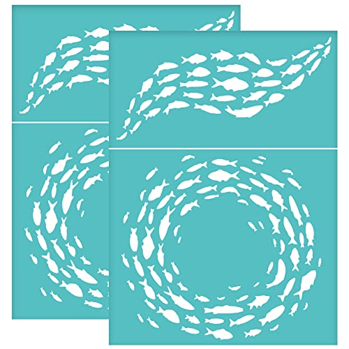 OLYCRAFT 2Pcs Fish Self-Adhesive Silk Screen Printing Stencil Shoal of Fish Silk Screen Stencil Circle of Fish Reusable Mesh Stencils Transfer for DIY T-Shirt Fabric Painting - 5.5x7.7 Inch