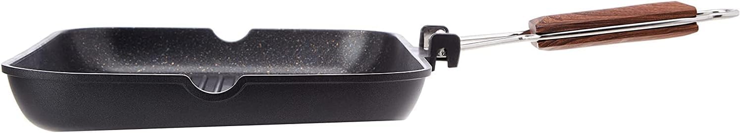 WECOOK! Ecochef Titane Poêle à Griller Induction Lisse, 28x28cm, Antiadhésive QUANTANIUM Écologique sans PFOA, Fonte d'Aluminium, Épaisseur 5 mm, Poignée en Bois Pliable, Vitrocéramique, Gaz