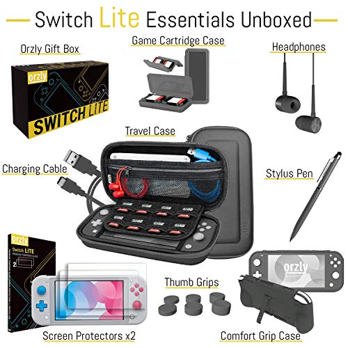 Image of Orzly Switch Lite Accessories Bundle - Case & Screen Protector for Nintendo Switch Lite Console, USB Cable, Games Holder, Comfort Grip Case, Headphones, Thumb-Grip Pack & more (Orzly Gift Pack - Grey)