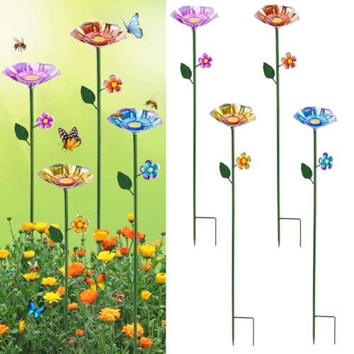 4 Pack Bee Watering Station Bee Bath for Garden Colorful Metal Bee Bird Butterfly Water Feeder Supplies for Outdoor Garden Yard Farm Decor Flower Design (Blue Yellow Orange Purple)