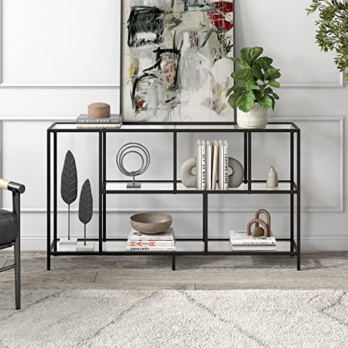 Image of Henn&Hart 52 inch Wide Rectangular Console Table with Glass Shelves in Blackened Bronze, for Home Office, Living Room