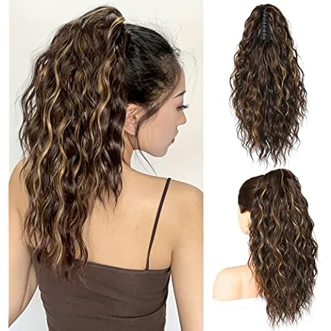 SEIKEA 18" Highlight Ponytail Extension, PT002 Tia Claw Long Multi Layered Fluffy Thick Wavy Jaw Clip in Fake Pony Tails Fake Hair Soft Natural Hairpiece Chocolate Brown Caramel Blonde Highlights Cover
