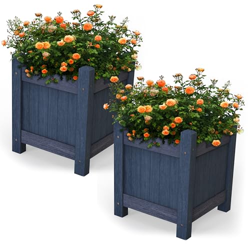 Vivo Technologies Set of 2 Square Wooden Planters Outdoor Garden Planter Box Planting Raise Bed Plants Flowers Plant Pot Natural Long Wood Pot,30x30x38 cm, Grey
