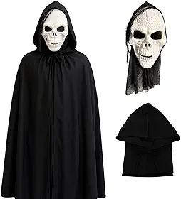 Fantasia Caveira Assustadora Halloween Máscara + Capa Preta