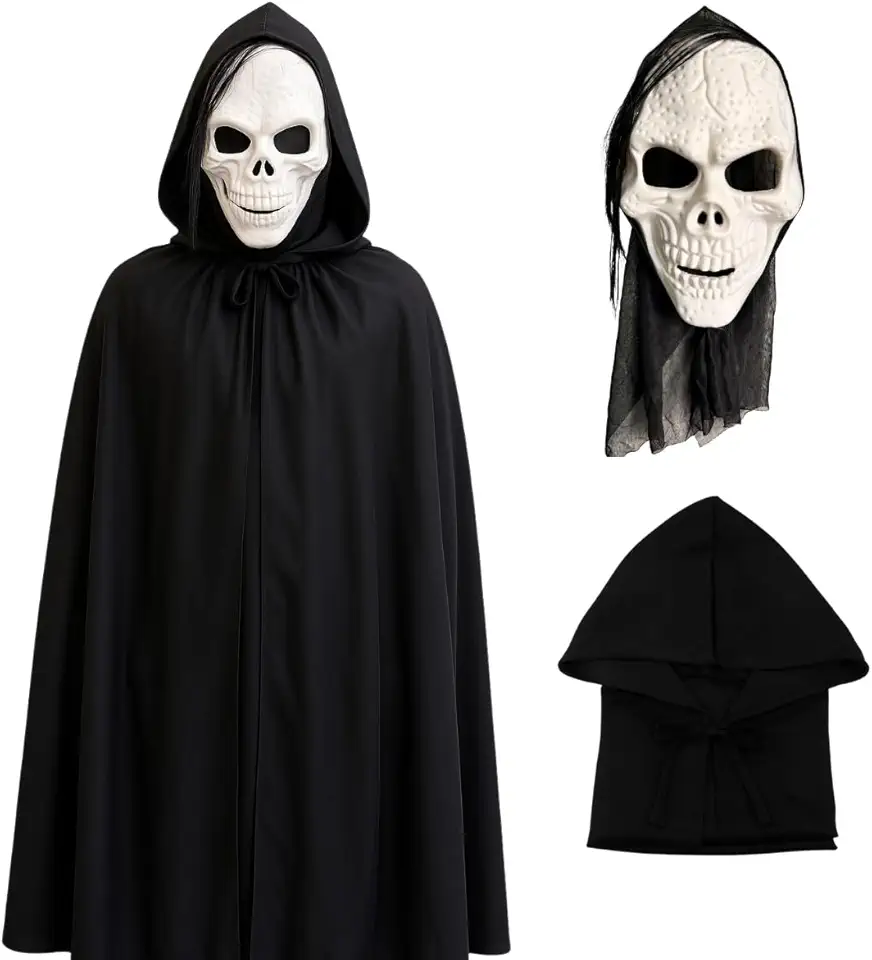 Fantasia Caveira Assustadora Halloween Máscara + Capa Preta
